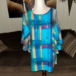 Parsley & Sage • Small • Boho • Turquoise/Green/Brown • Plaid • Blouse • New